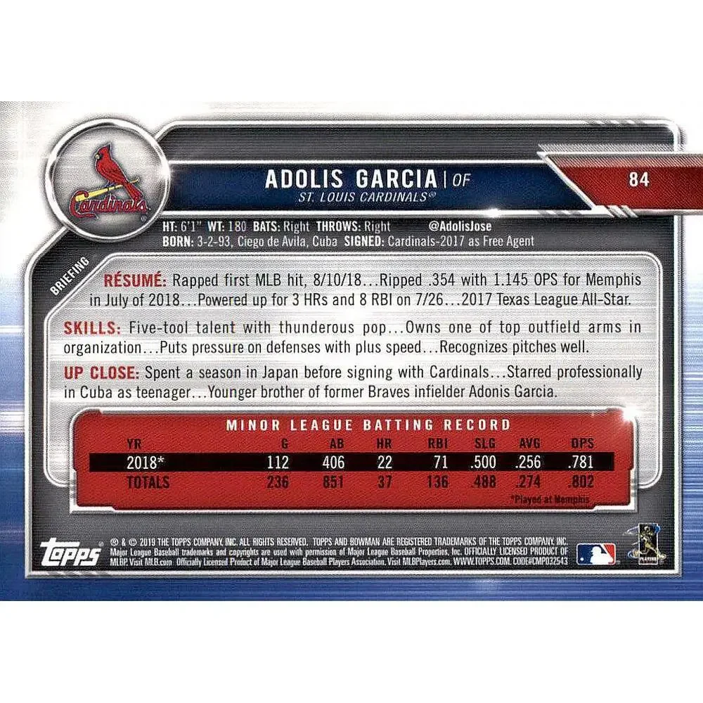 2019 Bowman Adolis Garcia RC #84 St. Louis Cardinals